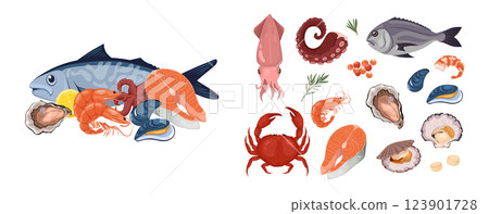 Cartoon set ocean seafood. Shrimp or crab 123901728