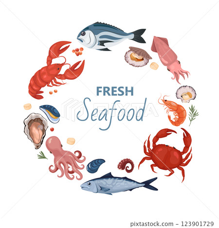 Round frame cartoon set ocean seafood Round frame cartoon set ocean seafood 123901729