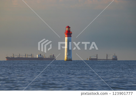 Phare de Chauvea near Ile de Re with ships to La Rochelle, Pays de la Loire, France 123901777