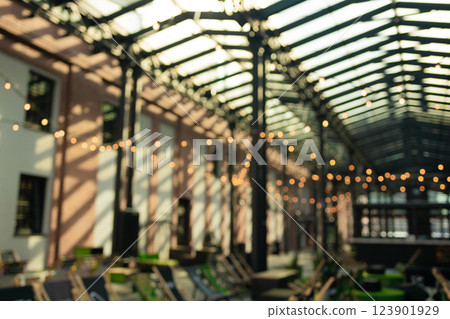 Festive, Christmas, New Year background. Evening. Night. Homely, cozy background. Abstract background of a night view and golden garlands. Bokeh.  123901929