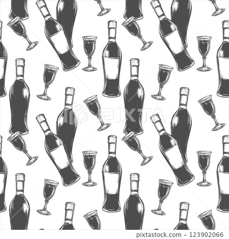 Seamless pattern of wine glasses and bottles. Vector illustration imitating a brush and black ink drawing. Clipart for a winery, wine menu or packaging. Fusion of grunge and vintage effect. Seamless pattern of wine glasses and bottles. Vector illustration imitating a brush and black ink drawing. Clipart for a winery, wine menu or packaging. Fusion of grunge and vintage effect. 123902066