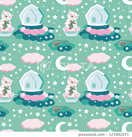 Seamless pattern polar bear cub under stars and moon with fish Seamless pattern polar bear cub under stars and moon with fish 123902071