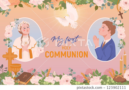 Invitation for First Communion. Vector church attributes. Boy and girl praying. Grail, church bread, wine, Bible, rosary, crucifix, flowers, decorated altar. Symbols of Christian faith. 123902111