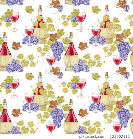 Retro style wine list background. Seamless watercolor pattern. Red wine bottles in a wicker basket and purple grapes. Illustration of a jug woven from a straw rod and a glass of red wine. 123902112