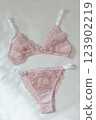 Woman's silk erotic lingerie on the white bed sheets. Valentine's day concept. Lace sexy female underwear. Beauty, fashion blogger concept. Female bra, panties, erotic clothes. Lingerie advertising 123902219