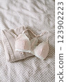 Woman's silk erotic lingerie on the white bed sheets. Valentine's day concept. Lace sexy female underwear. Beauty, fashion blogger concept. Female bra, panties, erotic clothes. Lingerie advertising 123902223