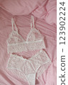 Woman's silk erotic lingerie on the white bed sheets. Valentine's day concept. Lace sexy female underwear. Beauty, fashion blogger concept. Female bra, panties, erotic clothes. Lingerie advertising 123902224