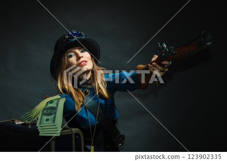 Steampunk girl with cash. 123902335