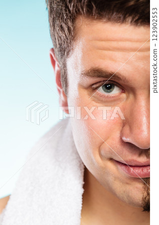 Happy man shaved face beard hair. 123902553