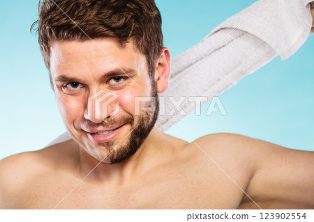 Happy man with half shaved face beard hair. Happy man with half shaved face beard hair. 123902554