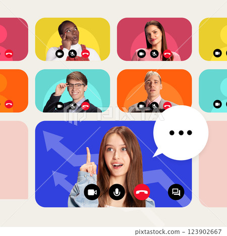 Visionary pitch presentation. Young people leading online meeting, proving product viability, market potential, revenue growth 123902667