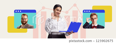 Professional woman engaging in online communication with business partners, discussing financial growth and analytics 123902675