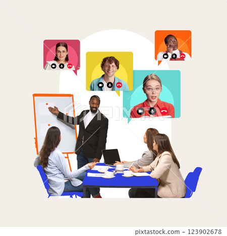 Hybrid business meeting. Team collaborating through virtual and in-person interaction, exchanging ideas, working on strategy. Hybrid business meeting. Team collaborating through virtual and in-person interaction, exchanging ideas, working on strategy. 123902678