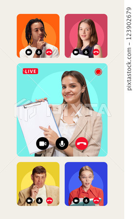 Online presentation. Businesswoman hosting live webinar, engaging with virtual team, sharing knowledge and presenting ideas Online presentation. Businesswoman hosting live webinar, engaging with virtual team, sharing knowledge and presenting ideas 123902679