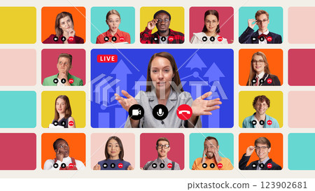 Global online seminar. Business leader hosting live virtual meeting with international team, discussing market expansion 123902681