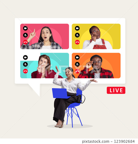 Interactive online meeting. Confident woman leading virtual discussion with diverse team, presenting ideas, brainstorming solutions. 123902684