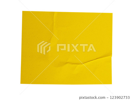 Blank crumpled yellow sticker dented paper note paper with transparent background, providing copy space for text or design elements 123902733