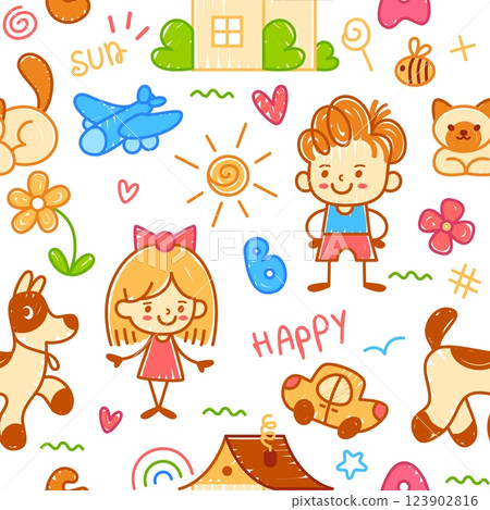 Child painting pattern. Creative kids painting seamless print with sun, cloud, dog, cat. Wallpaper with doodle pencil illustration. Vector crayon background Child painting pattern. Creative kids painting seamless print with sun, cloud, dog, cat. Wallpaper with doodle pencil illustration. Vector crayon background 123902816