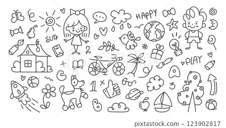 Doodle kids drawings. Hand drawn cute child pencils pictures about kid life, home, pets, dreams. Sketch black and white pastel painting illustration. Childish vector collection Doodle kids drawings. Hand drawn cute child pencils pictures about kid life, home, pets, dreams. Sketch black and white pastel painting illustration. Childish vector collection 123902817