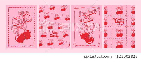 Cherry poster. Retro coquette cherries with ribbon. Trendy girly slogan, girl fashion, typography. Cards with red romantic fruit. Cherries with bow, text. Woman vector print 123902825