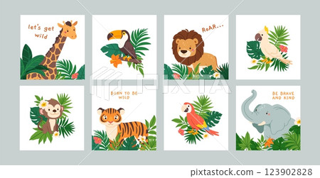 Jungle animals posters. Cute Africa animals card. Funny baby wild lion, elephant, monkey, toucan, bird with leaves, flowers. Banner for kids room, kindergarten. Vector set Jungle animals posters. Cute Africa animals card. Funny baby wild lion, elephant, monkey, toucan, bird with leaves, flowers. Banner for kids room, kindergarten. Vector set 123902828