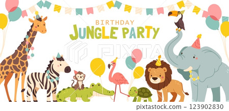Birthday party jungle animal. Kids happy birthday banner. Children holiday background for celebration. Childish zebra, giraffe, lion, flamingo, monkey. Vector invitation 123902830