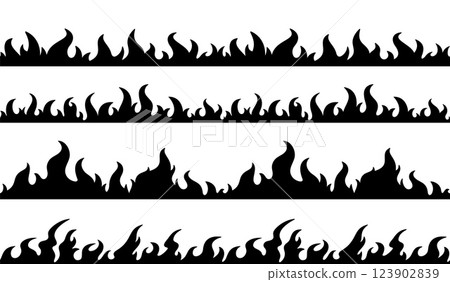 Fire border. Hand drawn flame silhouette. Seamless black bonfire frame. Hot flaming banners, fire trail, wildfire campfire. Flat burning elements. Flammable borders vector set 123902839