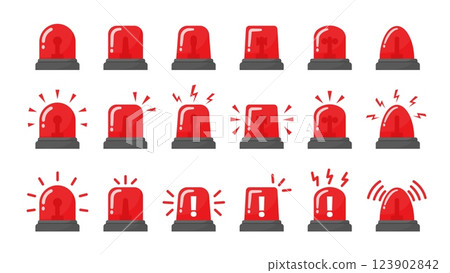 Emergency siren. Warning light sign. Alert device, flashing light on police car, fire truck, ambulance. Alarm light. Rescue flashing red light. Siren vector symbols 123902842