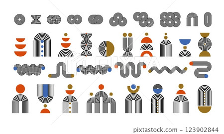 Geometric arch shape. Rainbow line art. Bohemian black outline shapes. Minimalist figures, wave, circle, arch, stroke shapes, crosses. Boho decor composition poster. Vector set Geometric arch shape. Rainbow line art. Bohemian black outline shapes. Minimalist figures, wave, circle, arch, stroke shapes, crosses. Boho decor composition poster. Vector set 123902844