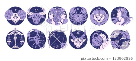 Zodiac signs. Horoscope symbols. Twelve astrological constellations. Spirituality, personal identity. Aries Taurus Gemini Cancer Leo Virgo Scorpio Pisces. Vector set 123902856
