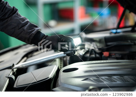 Serviceman checks the oil level in a car engine Serviceman checks the oil level in a car engine 123902986