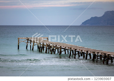 Wooden pier on Muro Beach, Playa de Muro, Majorca, Mallorca, Balearic Islands, Spain, Europe Wooden pier on Muro Beach, Playa de Muro, Majorca, Mallorca, Balearic Islands, Spain, Europe 123903007