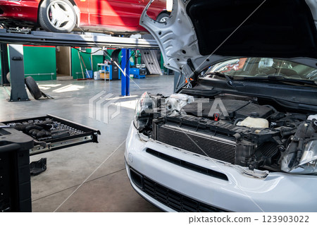 Car service workshop with cars on a column lifts 123903022