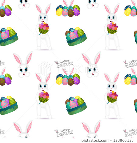 Seamless Easter Pattern with Bunny and Colorful Eggs 123903153