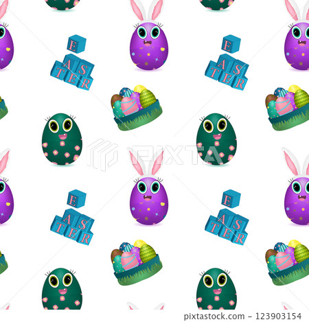 Cute Easter Egg Pattern with Bunny and Festive Elements Cute Easter Egg Pattern with Bunny and Festive Elements 123903154