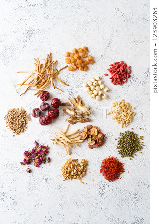 Various Chinese herbal medicine ingredients 123903263