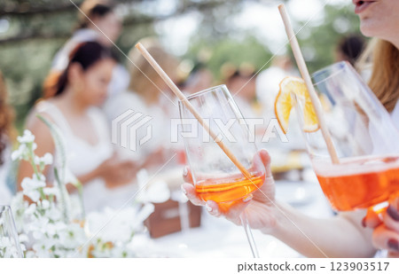 Close-up glasses with straws and aperol decorated with orange slices. Toast with glasses of citrus alcoholic drink. 123903517