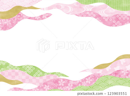 Cute and gentle pink cherry blossoms and Japanese pattern wave frame watercolor Cute and gentle pink cherry blossoms and Japanese pattern wave frame watercolor 123903551