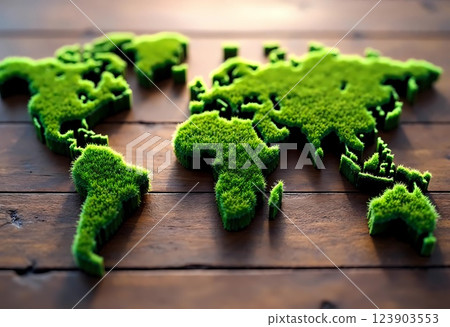Creative World Map Design Crafted From Lush Green Grass on a Rustic Wooden Surface 123903553
