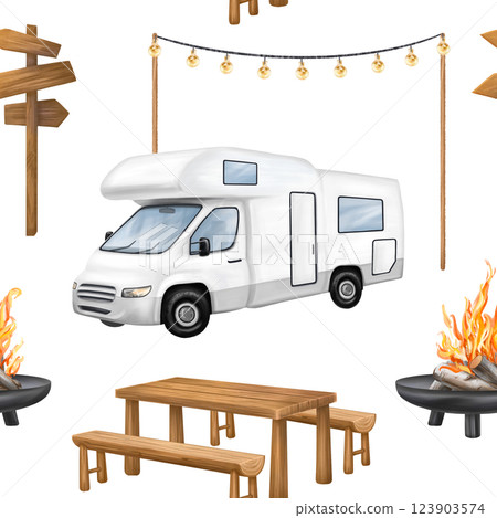 Seamless pattern with campground, wooden picnic table, white motorhome and campfire in forest among the cozy lamps. A tourist trip to nature, parks and nature reserves. Isolated illustration Seamless pattern with campground, wooden picnic table, white motorhome and campfire in forest among the cozy lamps. A tourist trip to nature, parks and nature reserves. Isolated illustration 123903574