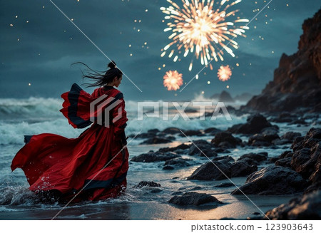 Enchanting Celebration by the Seaside With Fireworks Illuminating the Night Sky 123903643