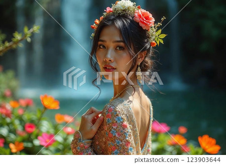 Captivating Beauty Adorned With Vibrant Blooms Near Serene Waterfall 123903644
