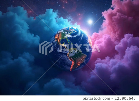 Exploration of a Vibrant Earth Surrounded by Swirling Cosmic Clouds at Dawn 123903645