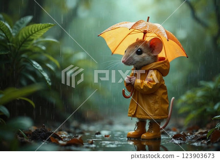 Whimsical Mouse in a Raincoat Enjoys a Rainy Day Adventure Under an Umbrella 123903673