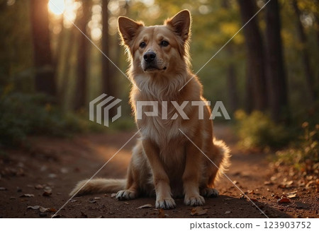 Golden Dog Enjoys a Serene Moment in a Sunlit Forest Clearing Surrounded by Trees 123903752