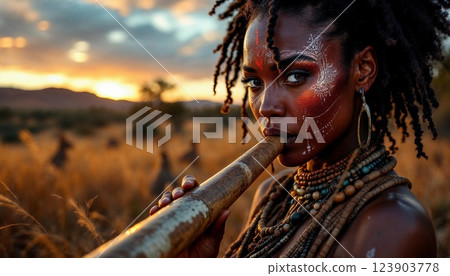 Artistic Expression of a Young Woman Playing a Bamboo Flute at Sunset in a Vibrant Landscape 123903778