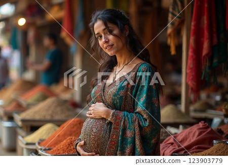 Pregnant Woman in a Vibrant Market Filled With Spices and Textiles During Early Morning Light 123903779