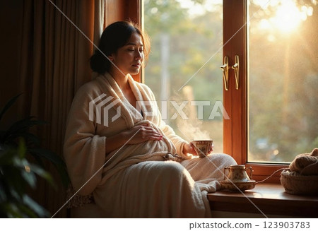 Quiet Moments of Reflection by the Window With a Warm Cup of Tea at Sunset 123903783
