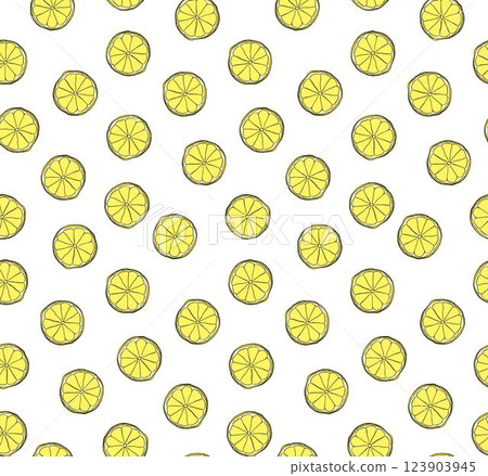 lemon slices Vector seamless pattern. Graphic line ink illustration hand drawn isolated on white background. art for food design, recipe, cook book, packages, menu, food ads and decor 123903945
