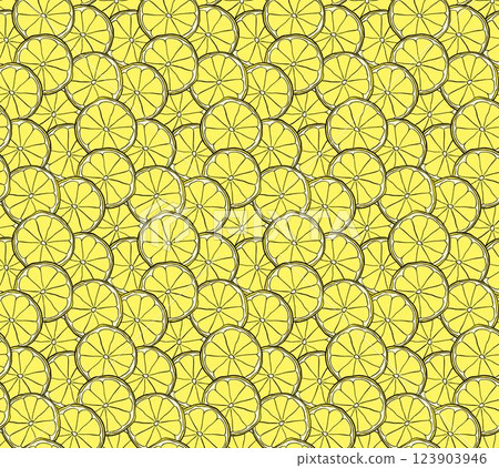 Lemons slices close up seamless pattern. Vector graphic line ink yellow illustration on transparent background. fruit background for banners, print for fabric, labels, t-shirt printing. 123903946